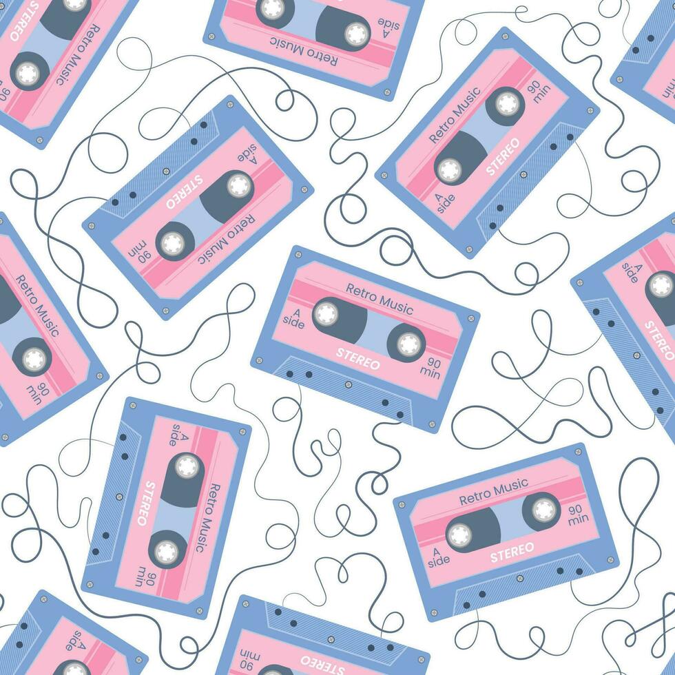 naadloos patroon met audio cassette en afgewikkeld plakband. retro mixtape van deuntjes en liedjes 80s of jaren 90. audio uitrusting voor analoog muziek- verslagen. modieus groovy achtergrond voor poster, inpakken, behang vector