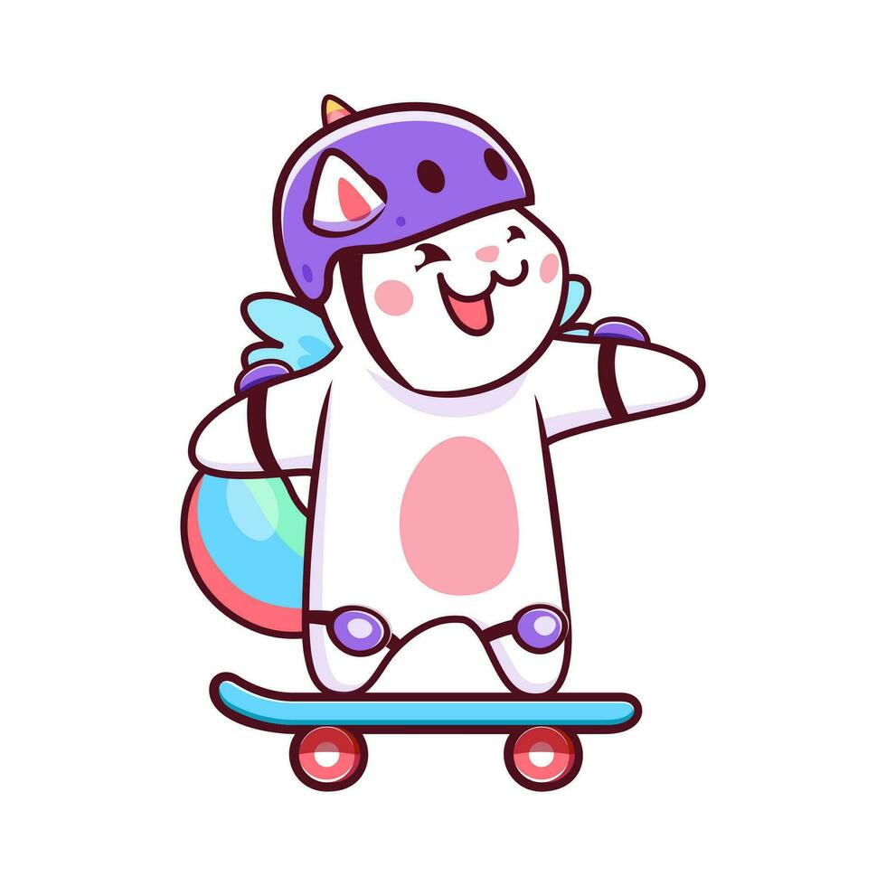 tekenfilm kawaii caticorn kat rijden skateboard vector