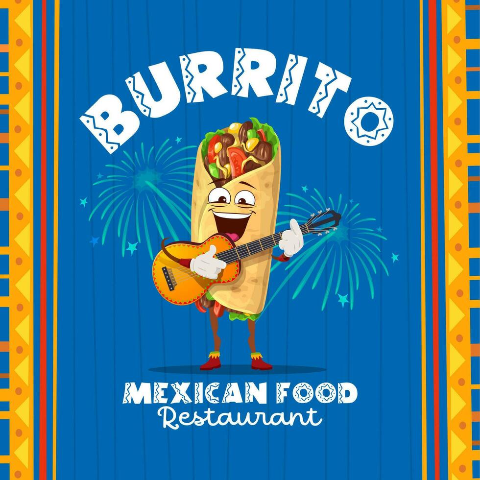 tekenfilm Mexicaans burrito mariachi spelen gitaar vector