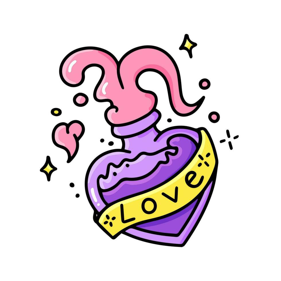 een fles van roze liefde toverdrank in de vorm van een hart. een hekserij magie symbool. een grafisch element van halloween, een opschrift van de woord liefde. vector illustratie van alchimie, zwart magie.