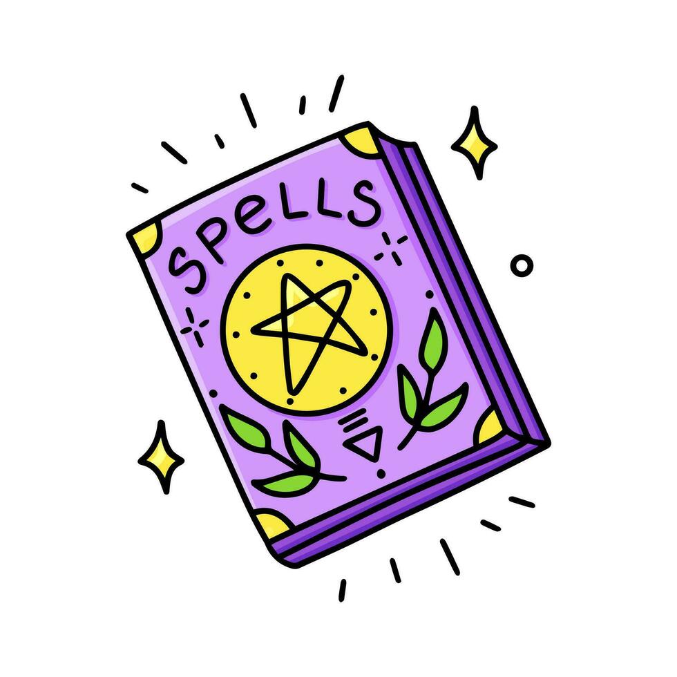 een boek van spreuken met een gegraveerde pentagram Aan de omslag. de hekserij symbool van een heks, een tovenaar. een grafisch element van halloween. vector illustratie van hekserij, occultisme, zwart magie.