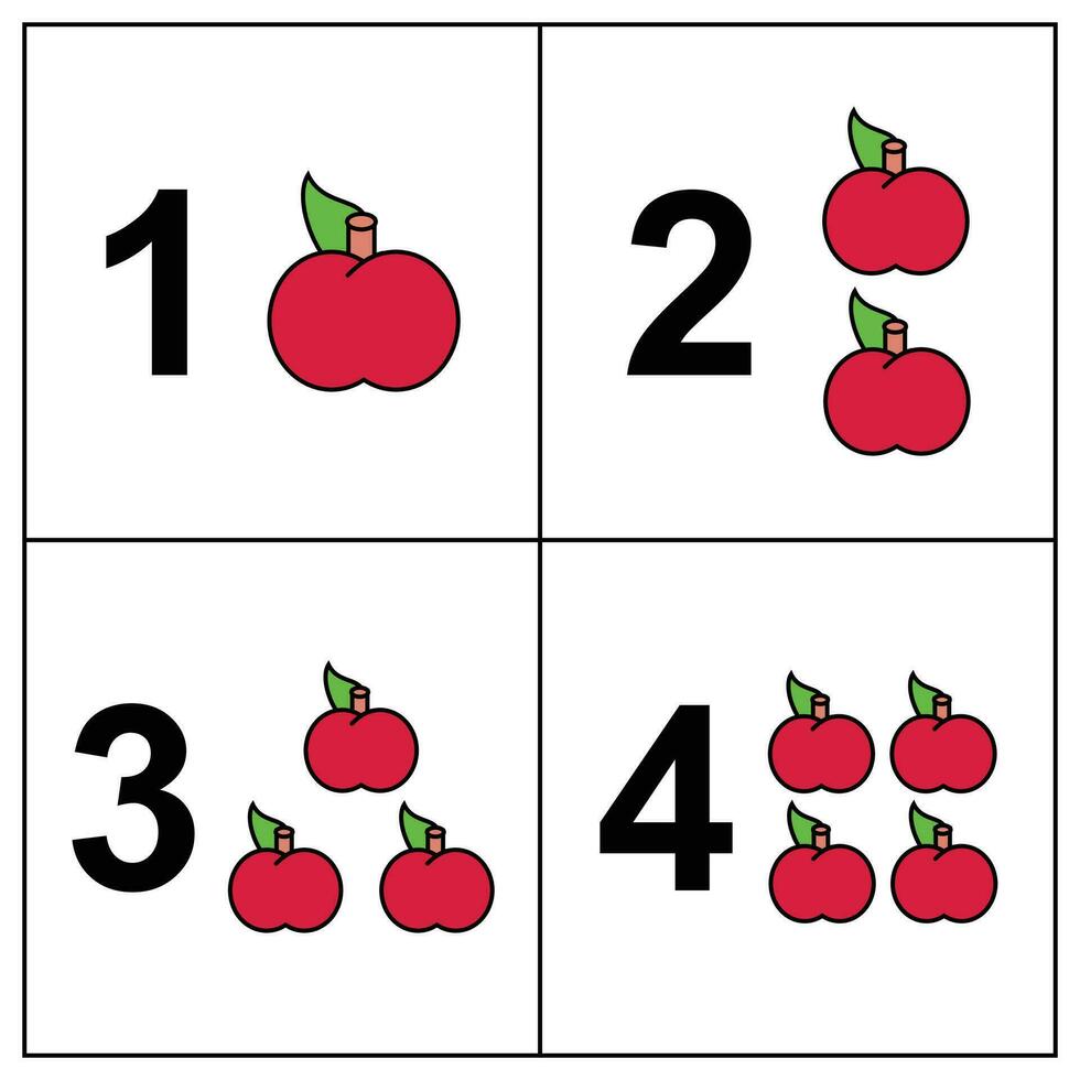 getallen spel voor kinderen. tellen hoe veel appels en schrijven de resultaat. tellen werkbladen voor school- kinderen. invoering naar getallen voor peuter kinderen vector