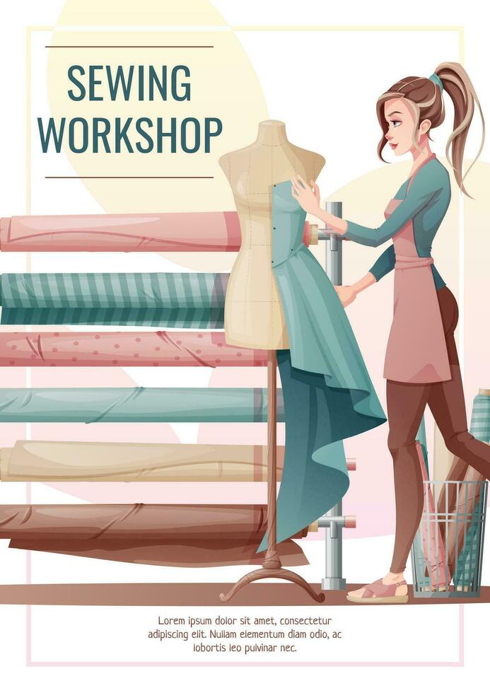 folder ontwerp met naaister. banier poster met een meisje creëren kleren Aan een mannequin. werk in een naaien werkplaats, atelier, maatwerk cursussen vector
