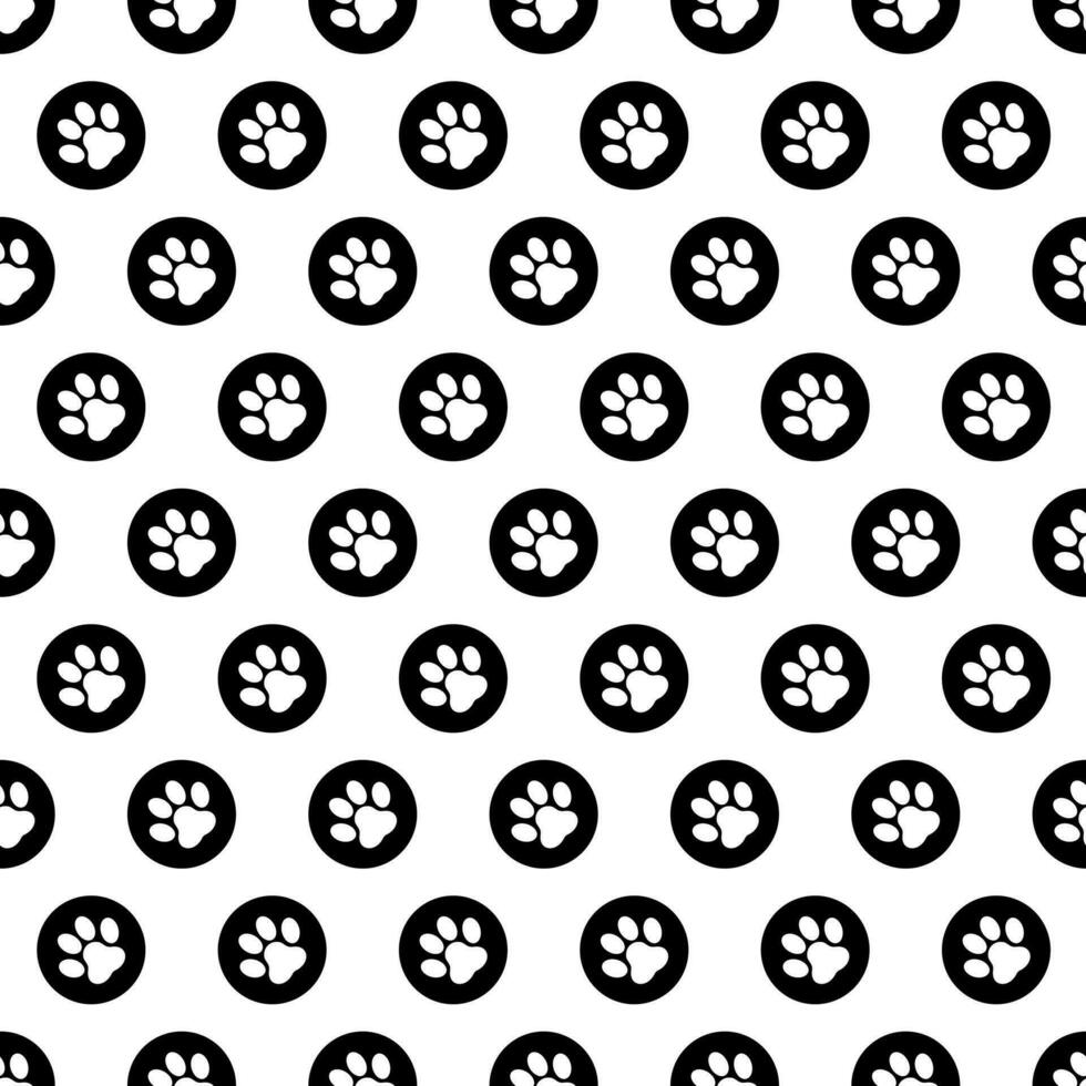huisdier poten naadloos patroon in zwart en wit. een patroon met een silhouet van voetafdrukken in een cirkel. geïllustreerd vector clip art.