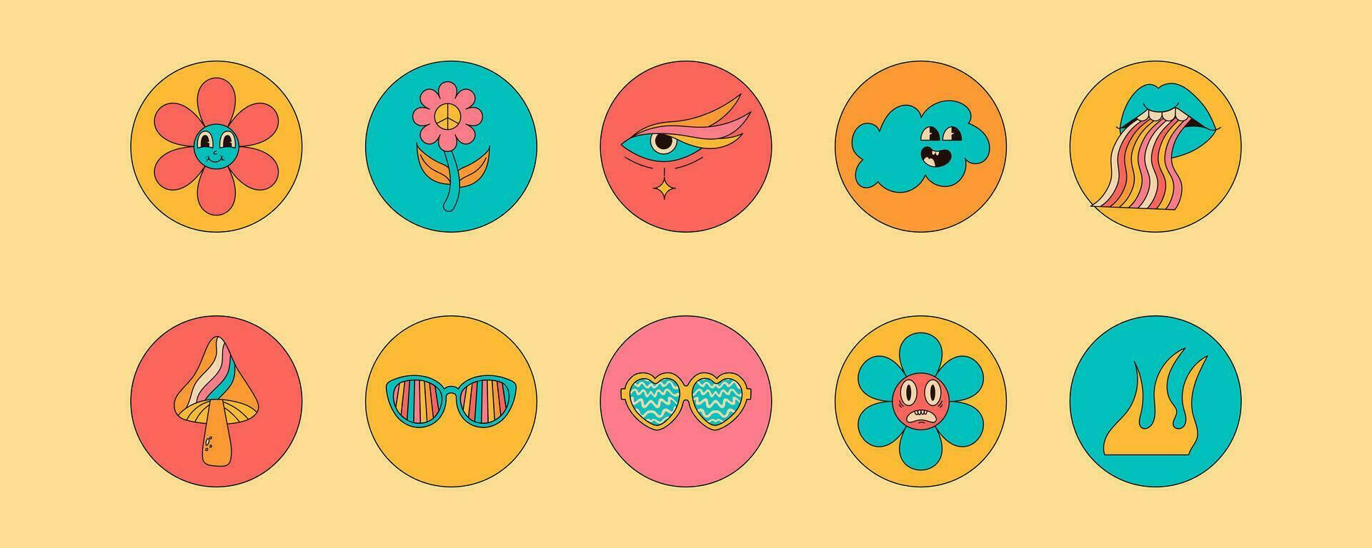 groovy cirkel sticker pak met wijnoogst elementen. paddestoelen, vuur, bloem, lippen, ogen, zonnebril en meer. retro vector grafiek.