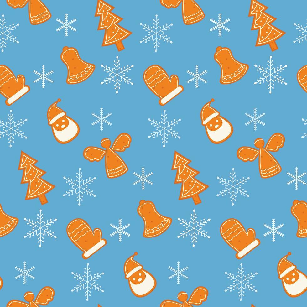 naadloos patroon met peperkoek koekjes en sneeuwvlokken. feestelijk ontwerp voor kleding stof, omhulsel papier, textiel, behang, groet kaarten. vector illustratie