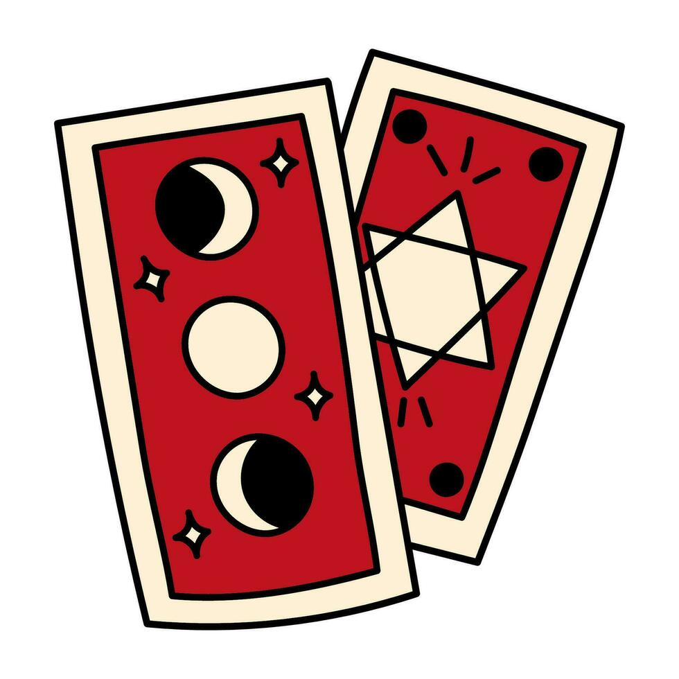 schattig tekening illustratie in vlak stijl, rood kleur tarot kaarten geïsoleerd Aan wit achtergrond. magisch items voor fortuin stemopnemers, hekserij. vector