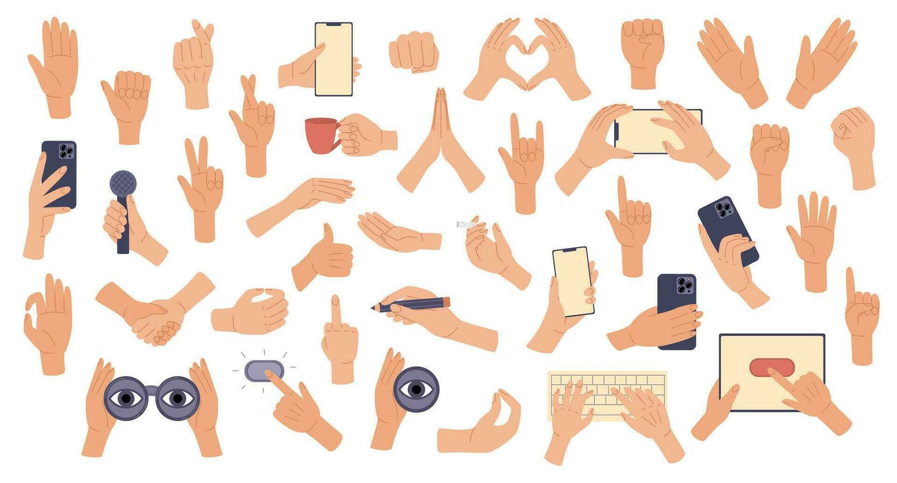 groot reeks hand- gebaren. handen Holding spullen. tekens, uitdrukkingen met richten vingers, gebalde vuisten, Open en groet handpalmen, tonen vrede teken, hart. vector illustratie in tekening stijl