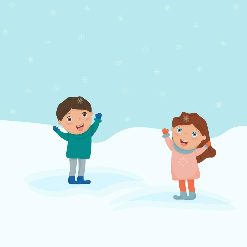 kinderen Speel buiten in winter. een vrolijk meisje en een jongen zijn genieten van de sneeuw. winter vakantie. vector illustratie