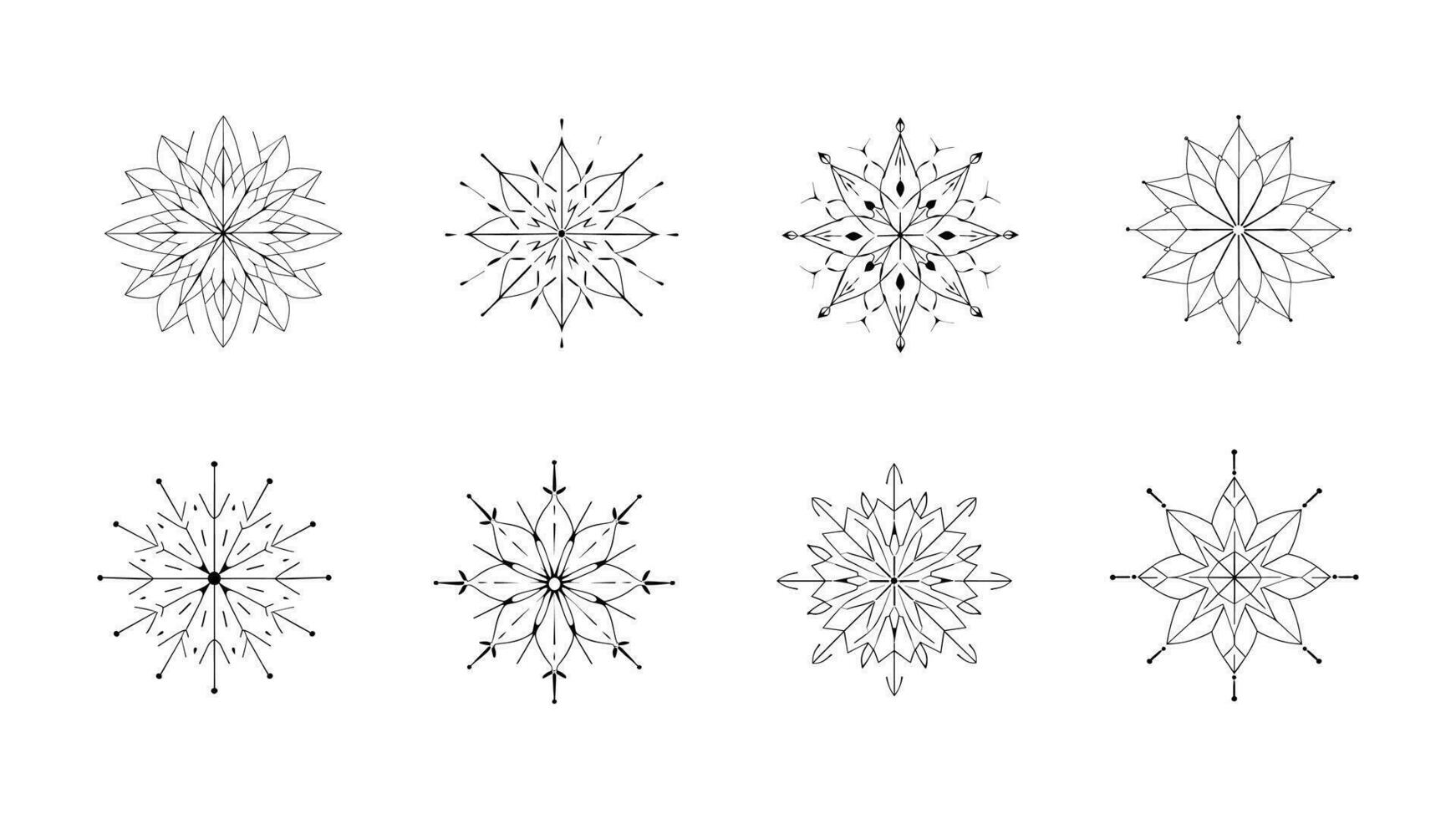 verzameling van sneeuwvlokken. reeks van ornamenten en bloemen patronen. elegant delicaat silhouetten. zwart en wit vector geïsoleerd Aan wit. winter patronen. verzameling van Kerstmis en nieuw jaar elementen.