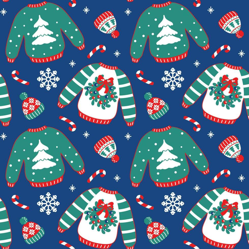 lelijk Kerstmis trui en breien hoed, grappig Kerstmis kleren. naadloos patroon. vector. vector