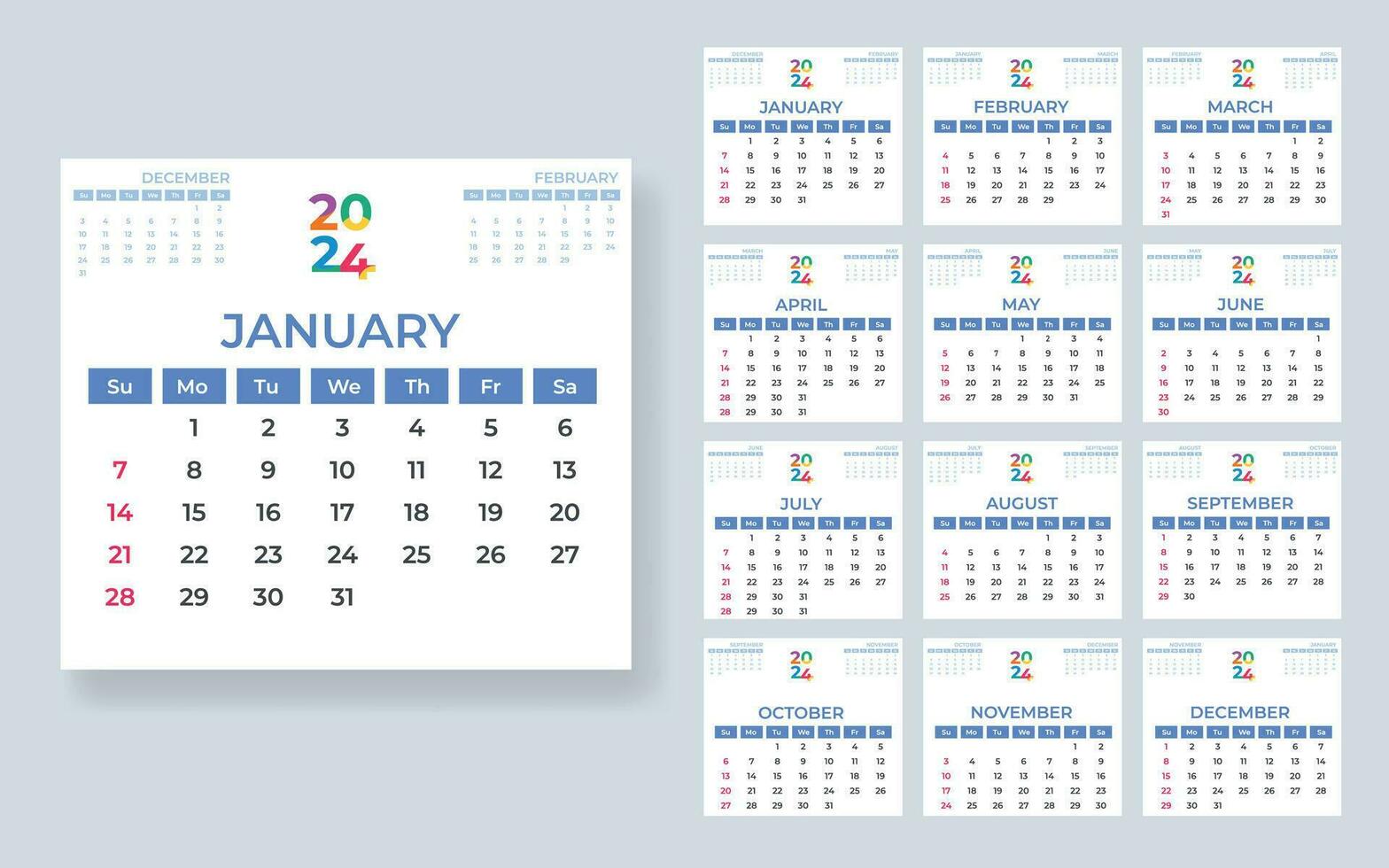 kalender 2024 week begin zondag zakelijke ontwerp ontwerper sjabloon vector