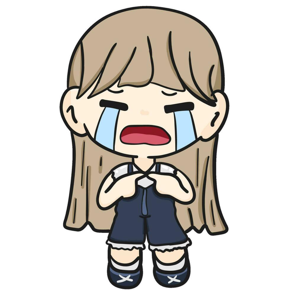 schattig en kawaii meisje tekenfilm huilen verdrietig karakter chibi sticker vector