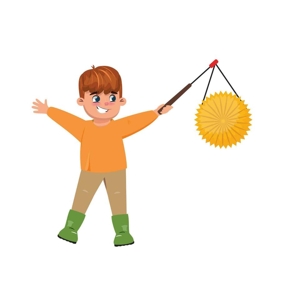 gelukkig jongen met een lantaarn buitenshuis vieren st. Martin dag. verjaardag, vakantie, festival concept illustratie vector