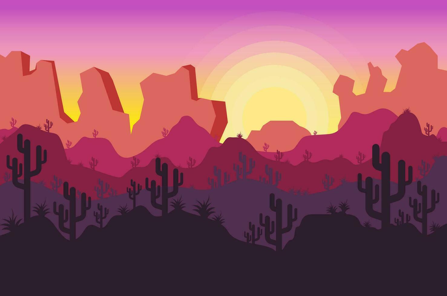 vlak tekenfilm illustratie van mooi woestijn middag panorama. breed uitgestrektheid van zand, cactus planten en zonsondergang. panoramisch ontwerp vector