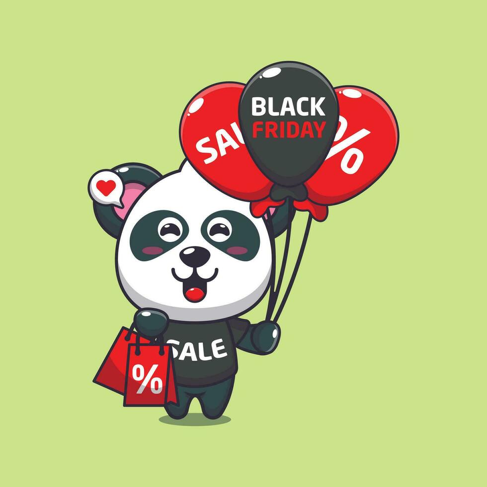schattig panda met boodschappen doen zak en ballon Bij zwart vrijdag uitverkoop tekenfilm vector illustratie