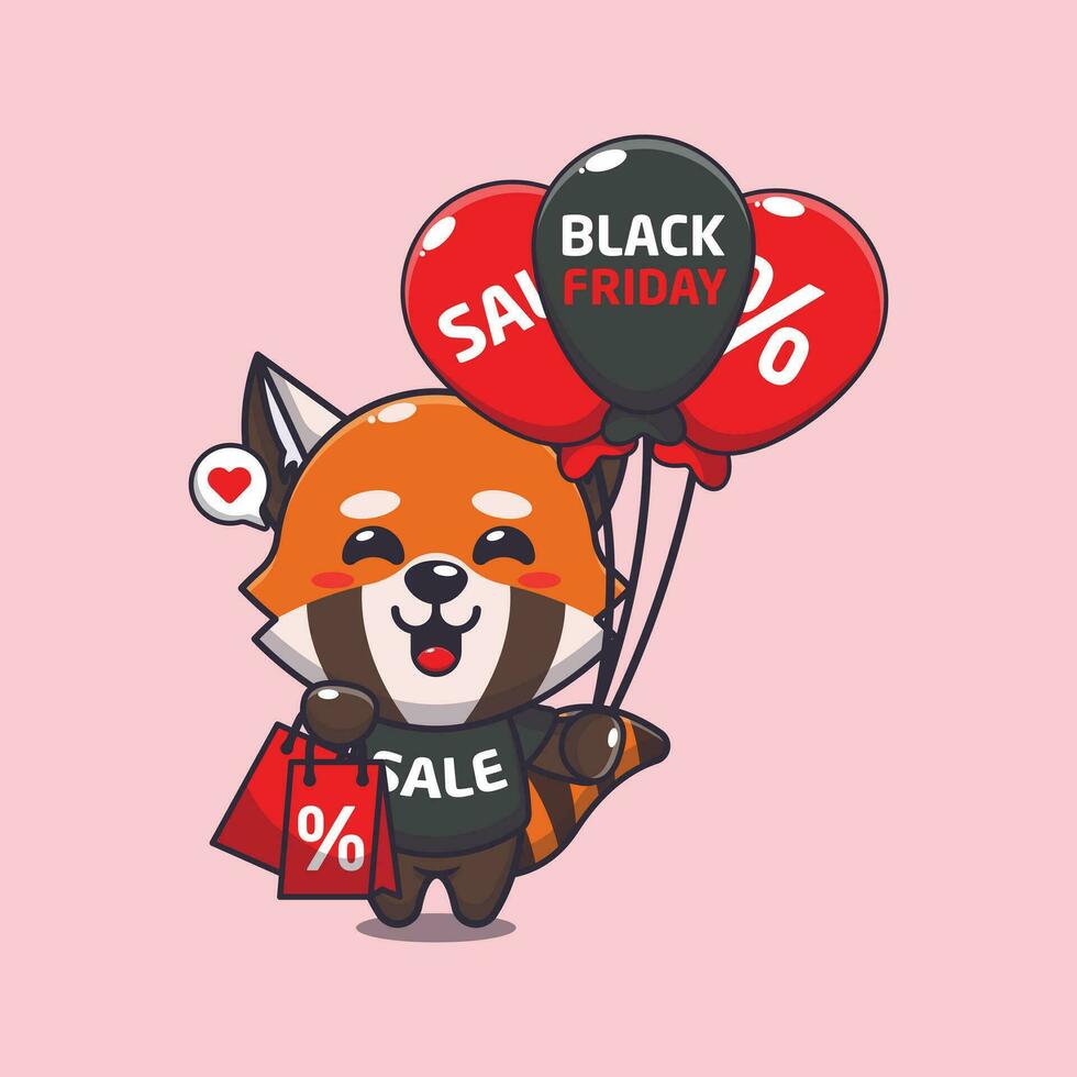 schattig rood panda met boodschappen doen zak en ballon Bij zwart vrijdag uitverkoop tekenfilm vector illustratie