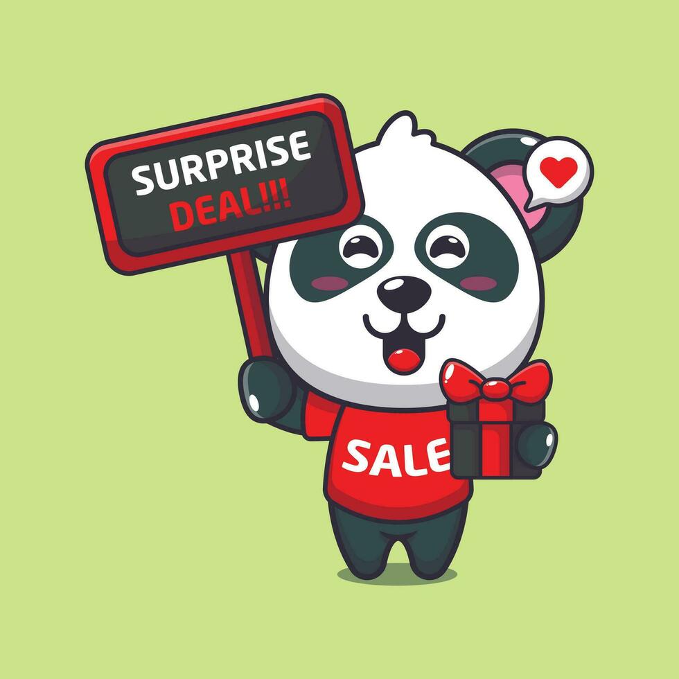schattig panda met Promotie teken en geschenk doos in zwart vrijdag uitverkoop tekenfilm vector illustratie