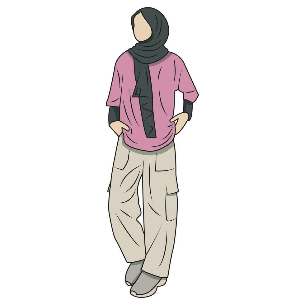 hijab meisje vector met straat stijl. meisje in een ontspannen houding