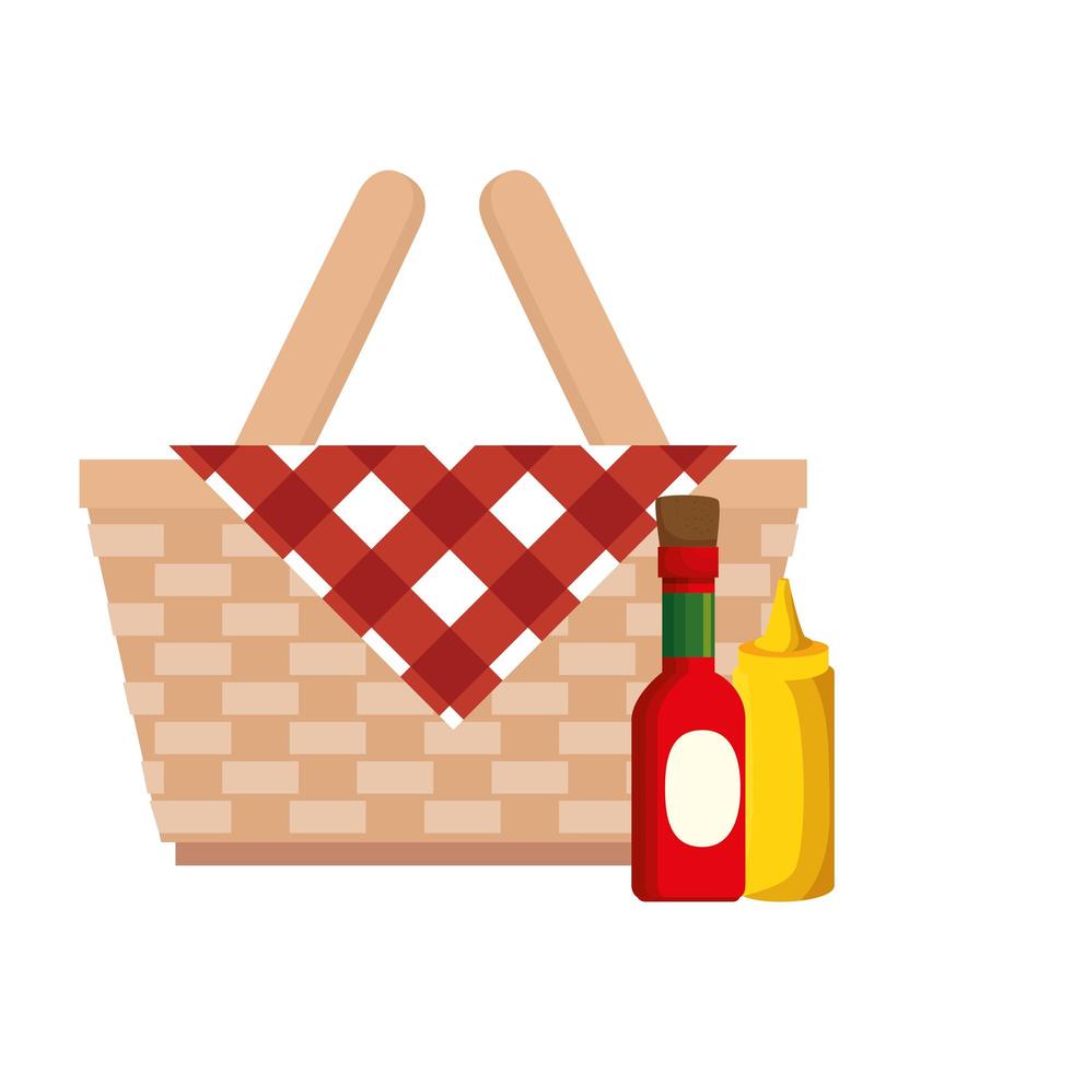 mand rieten picknick met flessen sauzen geïsoleerde icon vector