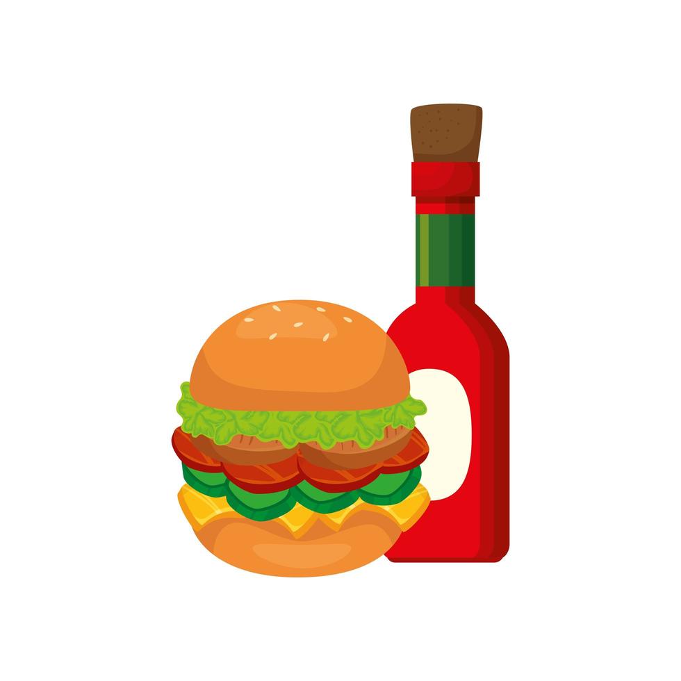 heerlijke hamburger met geïsoleerde flessaus icon vector