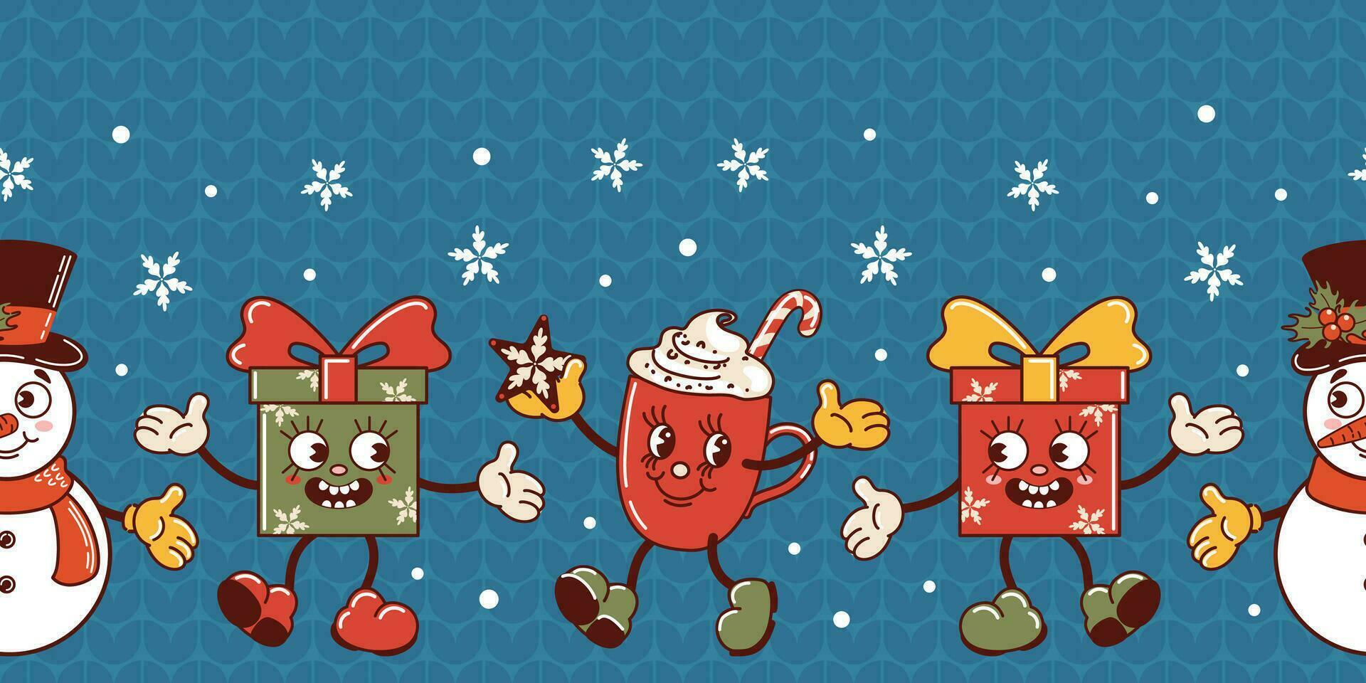 sneeuwman, Kerstmis geschenk, heet chocola mok, snoep riet. schattig oud retro tekenfilm stijl tekens dansen. horizontaal naadloos grens. gebreid lelijk trui. sneeuwval. behang, verpakking, achtergrond vector