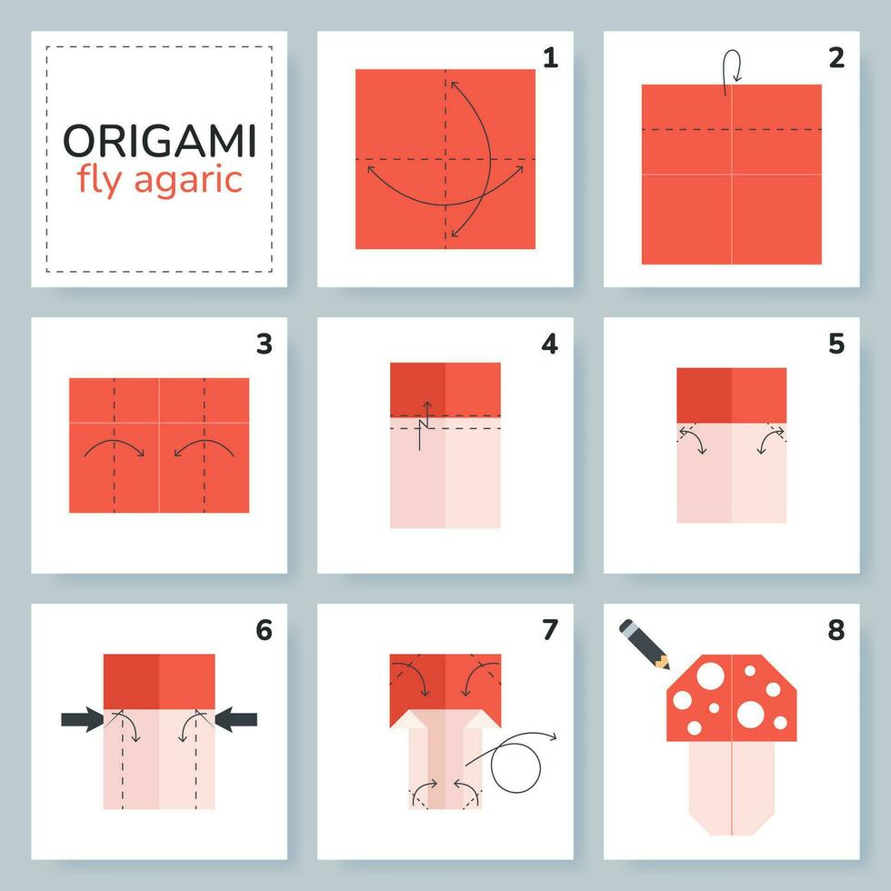 vlieg agaric origami regeling zelfstudie in beweging model. origami voor kinderen. stap door stap hoe naar maken een schattig origami paddestoel. vector illustratie.