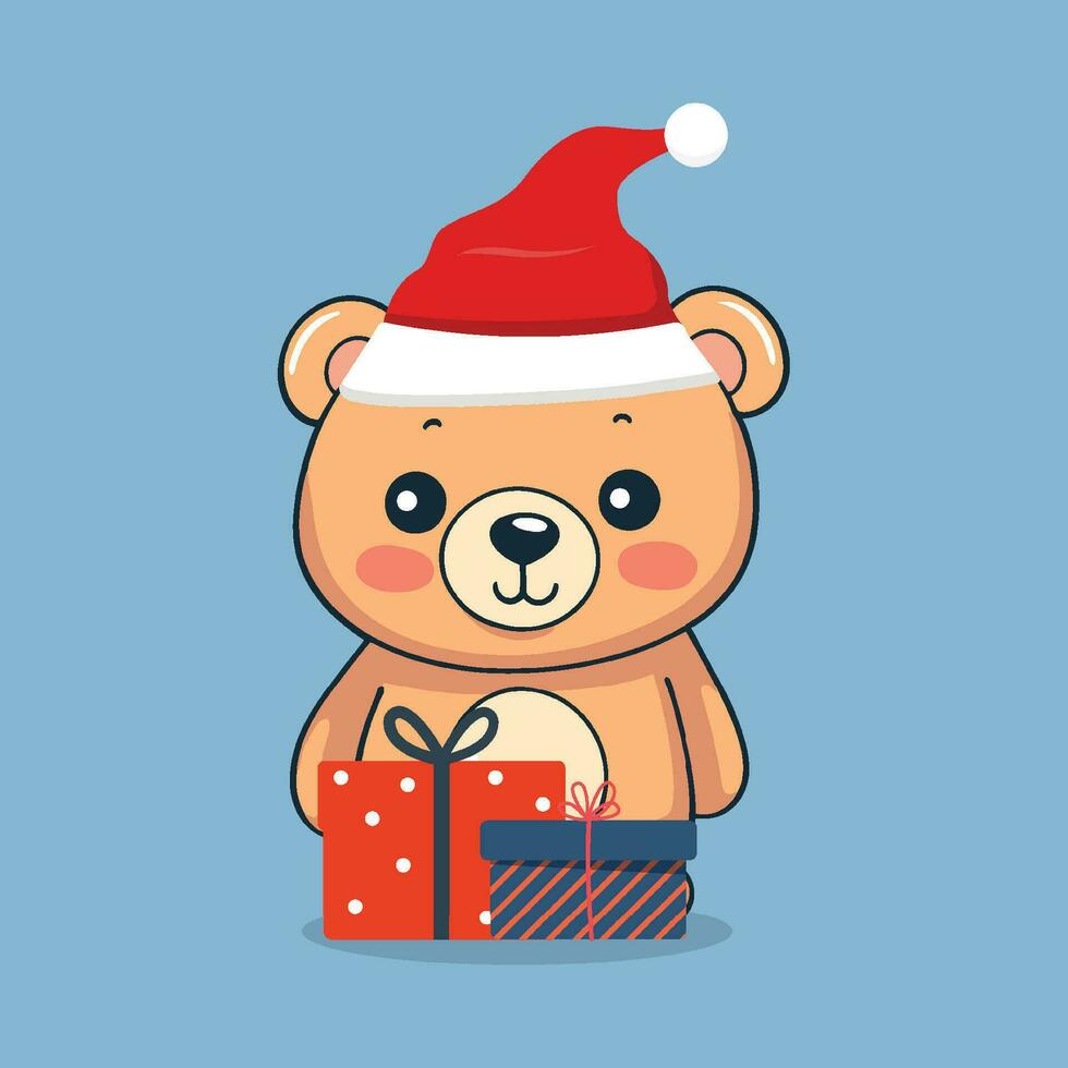 schattig teddy beer in een de kerstman hoed met cadeaus vector