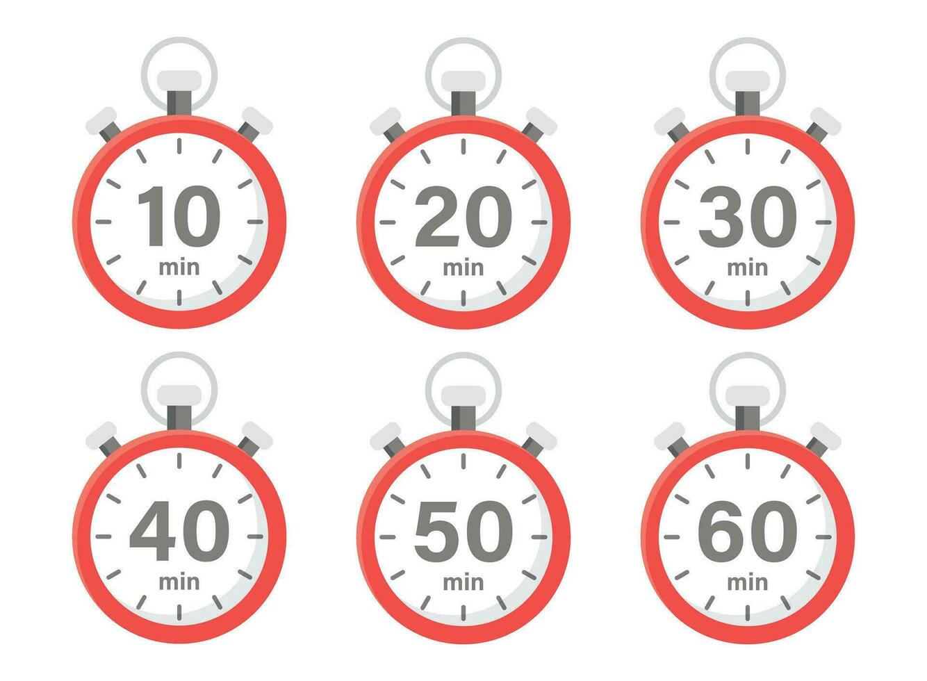 van 10 miniten naar 60 minuten Aan stopwatch icoon in vlak stijl. klok gezicht timer vector illustratie Aan geïsoleerd achtergrond. countdown teken bedrijf concept.