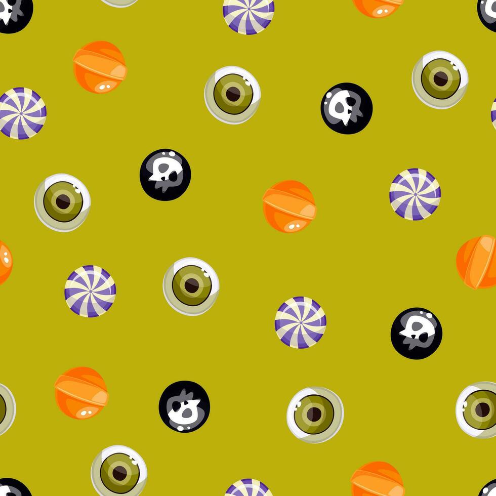 snoepjes halloween naadloos patroon Aan een groen achtergrond. zoet halloween snoep . truc of traktatie achtergrond. lolly met de beeld van een oog en een schedel. behang vector illustratie.