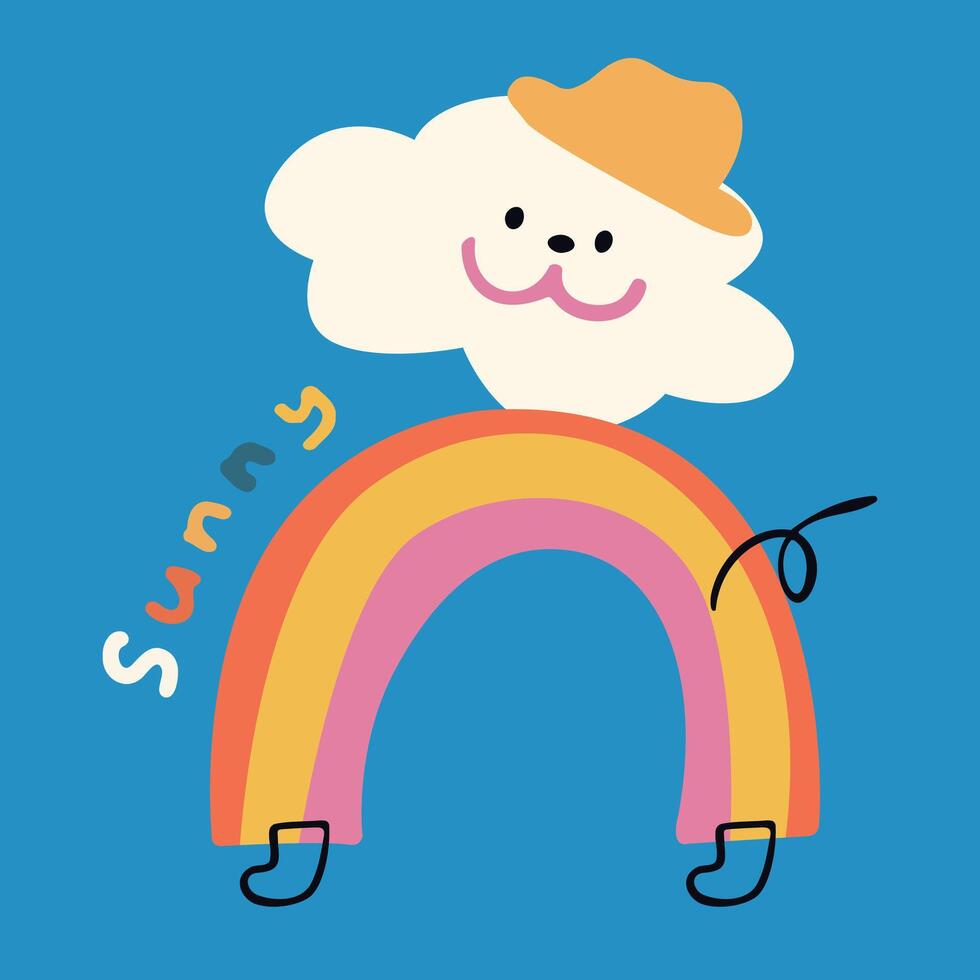 hand- getrokken schattig grappig kinderen tekenfilm illustratie met wolken en regenboog vector