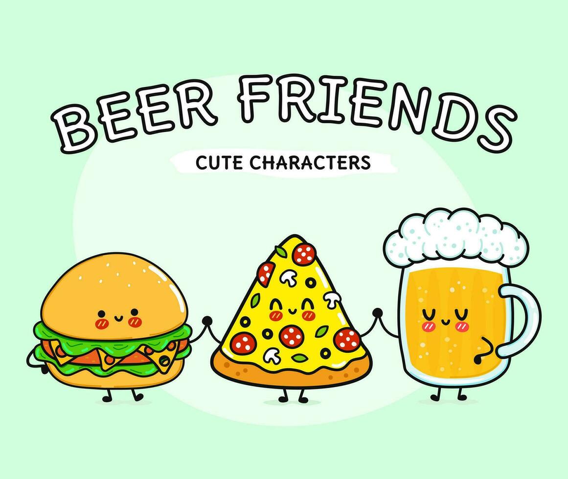 schattig, grappig vrolijk glas bier, pizza en hamburger. vector hand getekend kawaii stripfiguren, illustratie pictogram. grappige cartoon glas bier, pizza en hamburger mascotte vrienden concept