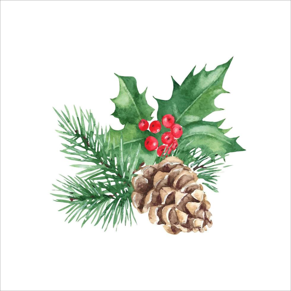 winter planten samenstelling. Woud pijnboom takken met ijshoorntje en hulst fabriek met rood bessen. symbolen van de nieuw jaar en kerstmis. waterverf hand- geschilderd illustratie vector