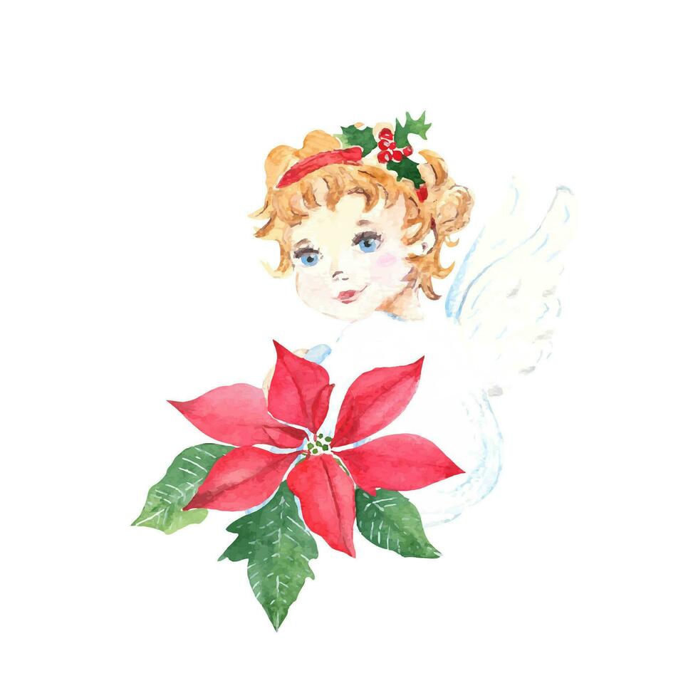 schattig Kerstmis engel met rood kerstster fabriek. wijnoogst stijl. waterverf hand- geschilderd illustratie geïsoleerd Aan wit achtergrond. mooi zo voor kaarten, afdrukken, decoratie. vector