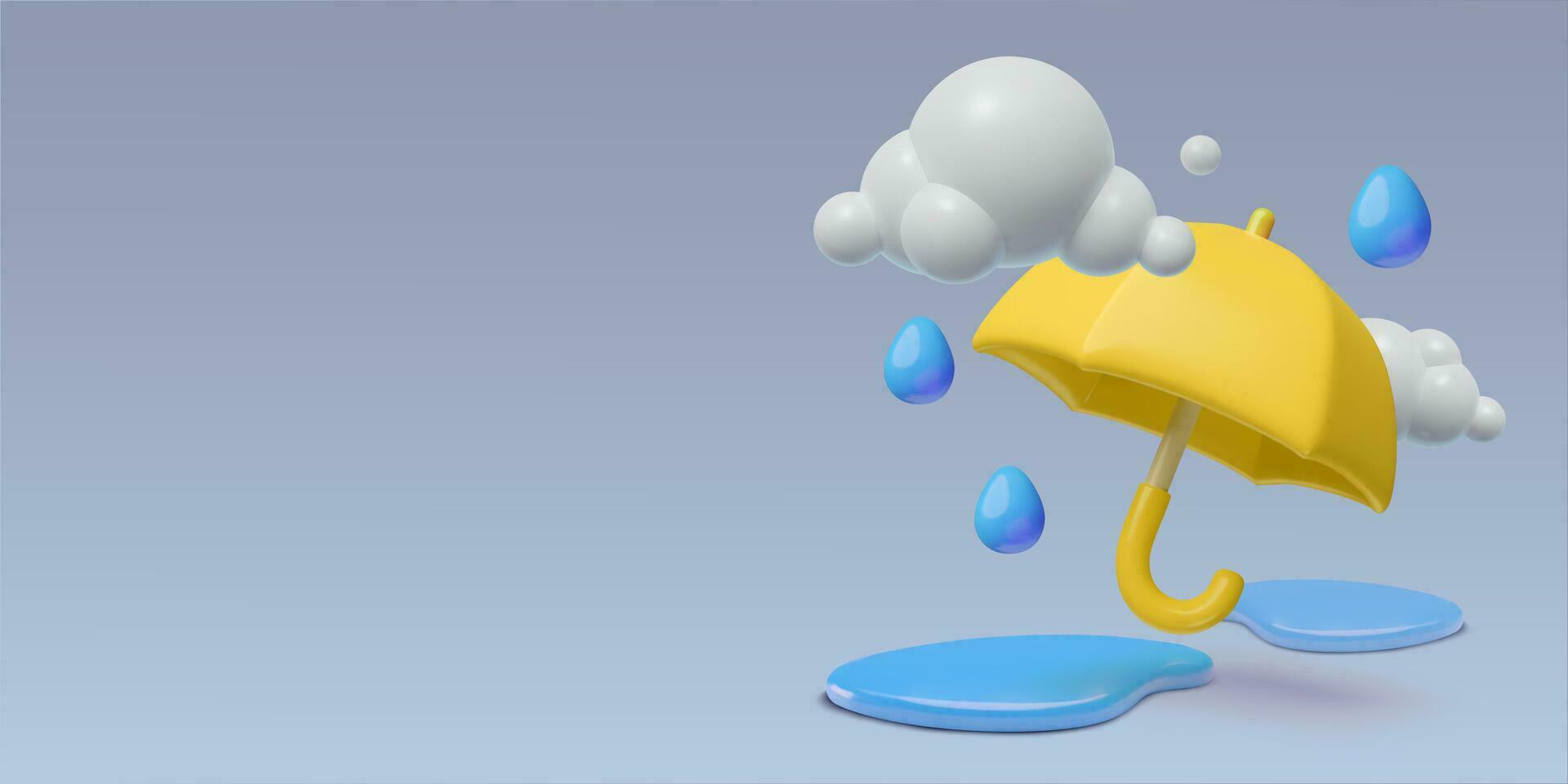 regenachtig dag tafereel met 3d geel paraplu, nat plassen, wolken en regendruppels. moesson seizoen horizontaal achtergrond creatief ontwerp met kopiëren ruimte voor spandoeken, verkoop en promoties. vector
