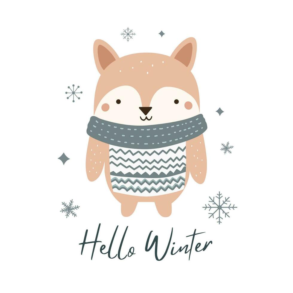 Hallo winter minimalistisch kaart met schattig vos. Kerstmis poster in Scandinavisch tekening stijl. winters sjabloon. vector