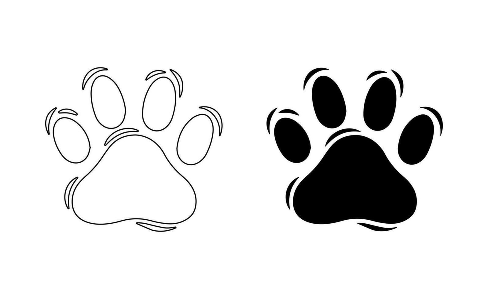 kat poot voet afdrukken Aan wit. vector. silhouet, contour. sporen van tijger, leeuw, luipaard, Jachtluipaard, jaguar, poema, poema, lynx, serval, karakaal, ocelot markeringen. voor pictogrammen, kleding, textiel vector