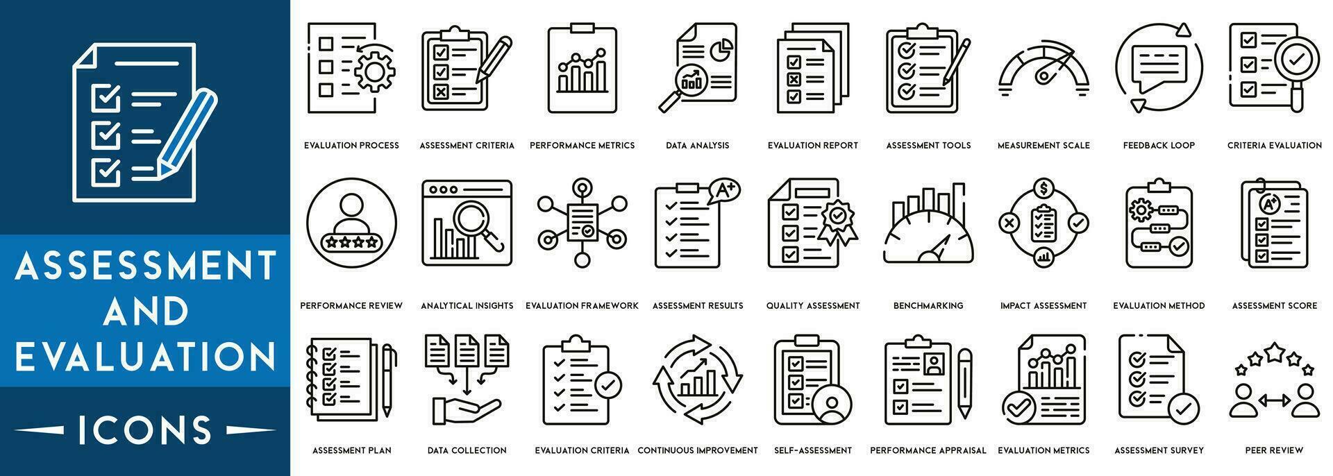 beoordeling en evaluatie lijn pictogrammen verzameling. met financieel uitspraak, controle, financieel rapport, factuur. vector