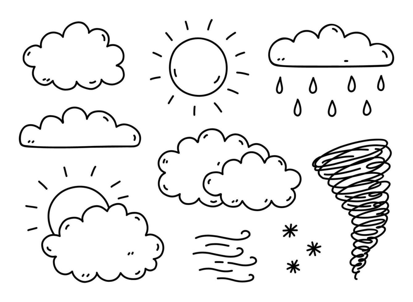 reeks van weer elementen - zon, wolken, regenen, wind, sneeuw, tornado. vector hand getekend illustratie in tekening stijl. perfect voor kaarten, decoraties, logo, divers ontwerpen.