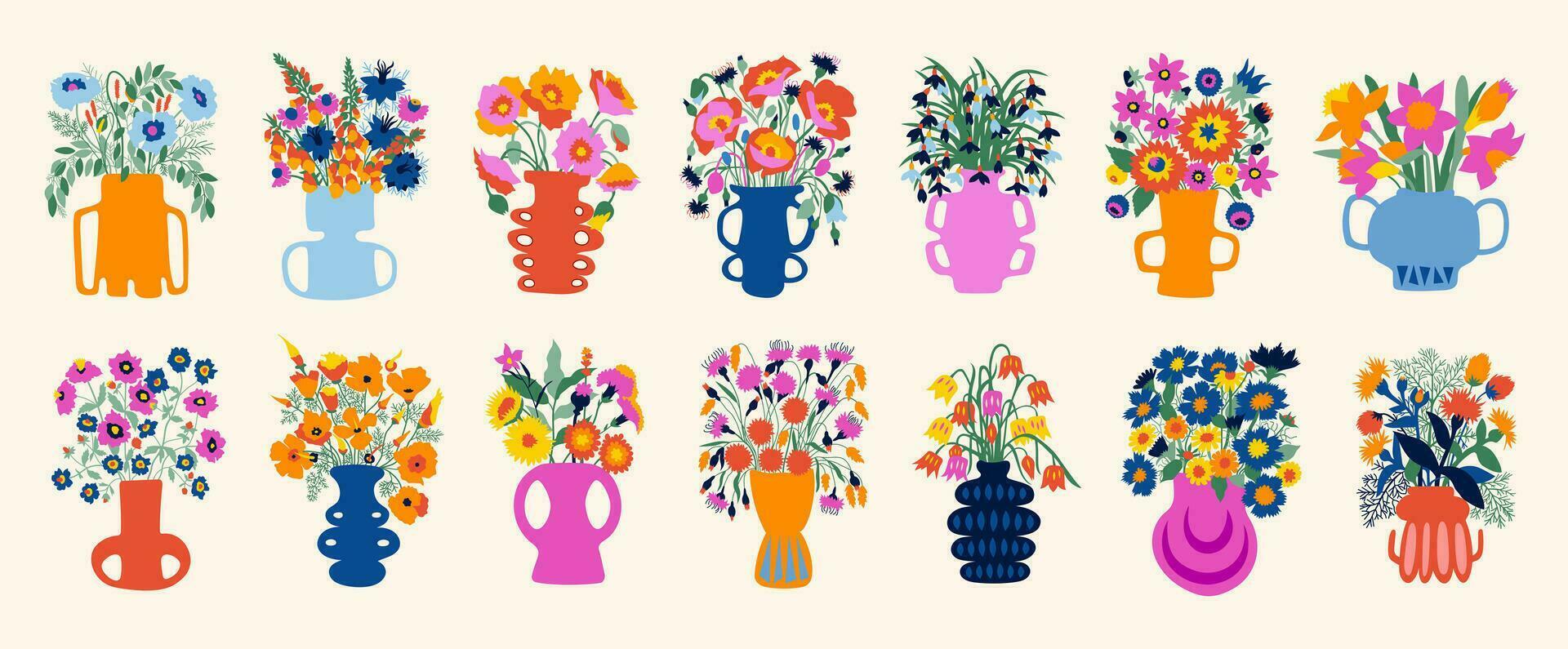 reeks van boeketten met bloemen. interieur schilderen. kleurrijk illustraties van bloemen voor dekt, afbeeldingen. vector illustratie.