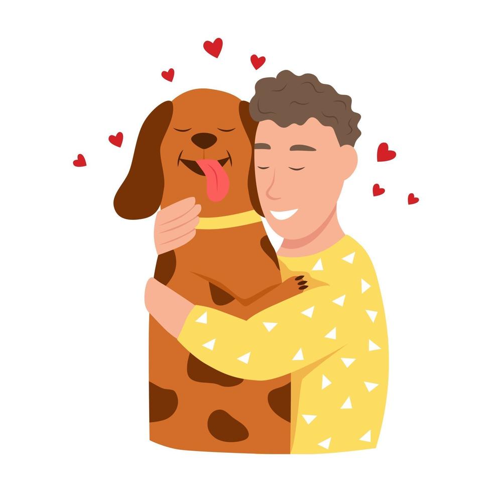gelukkige eigenaren van gezelschapsdieren. een jonge man knuffelt een hond. vector