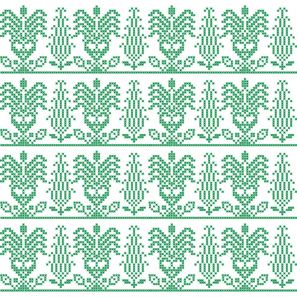 een kruis steek pixel kunst grens patroon in groen en wit vector