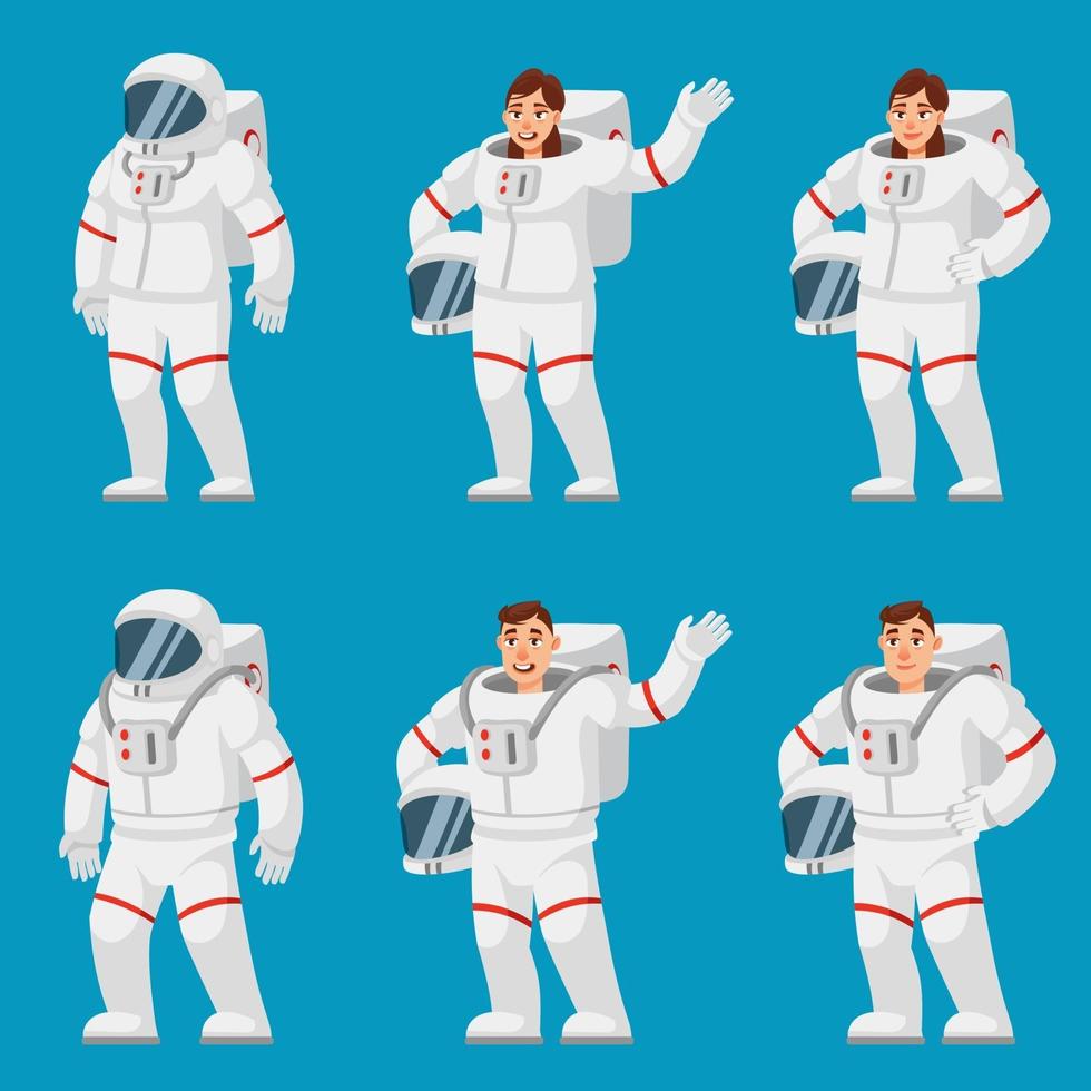 set van astronauten in verschillende poses. mannelijke en vrouwelijke personen. vector