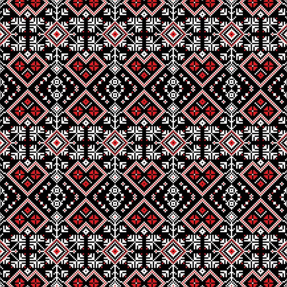een levendig patroon met zwart, rood, en wit bloemen Aan een rood achtergrond vector