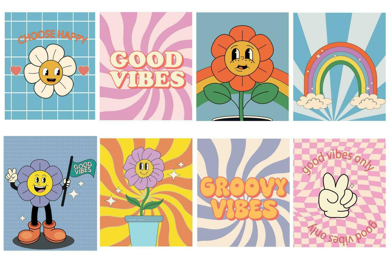 groovy hippie jaren 70 set. grappig tekenfilm bloem, regenboog, vrede, liefde, hart, madeliefje, paddestoel enz. sticker pak in modieus retro psychedelisch tekenfilm stijl. bloem stroom. geïsoleerd vector illustratie
