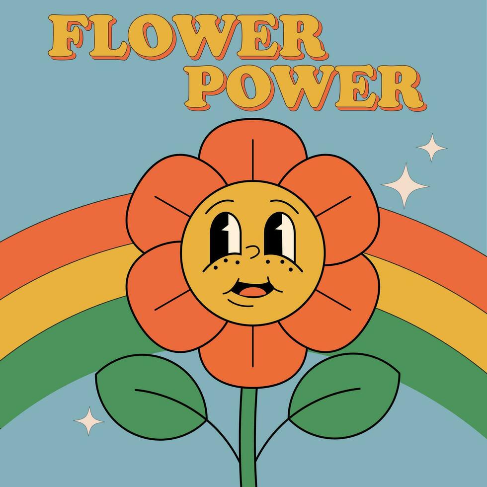 groovy hippie jaren 70. grappig tekenfilm bloem. sticker pak in modieus retro psychedelisch tekenfilm stijl. bloem stroom. mooi zo gevoel. blijven groovy vector