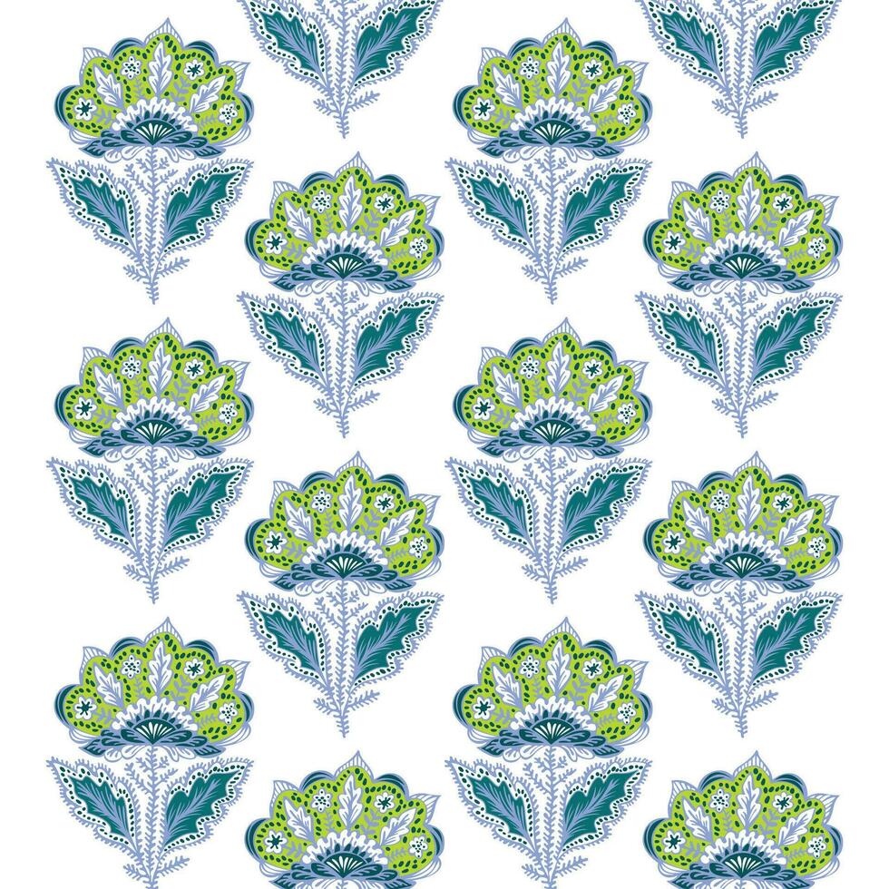 een patroon van blauw en groen bloemen Aan een wit achtergrond vector
