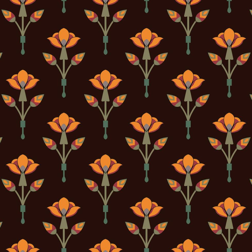 oranje bloemen Aan een bruin achtergrond, creëren een naadloos herhaald levendig en mooi patroon vector