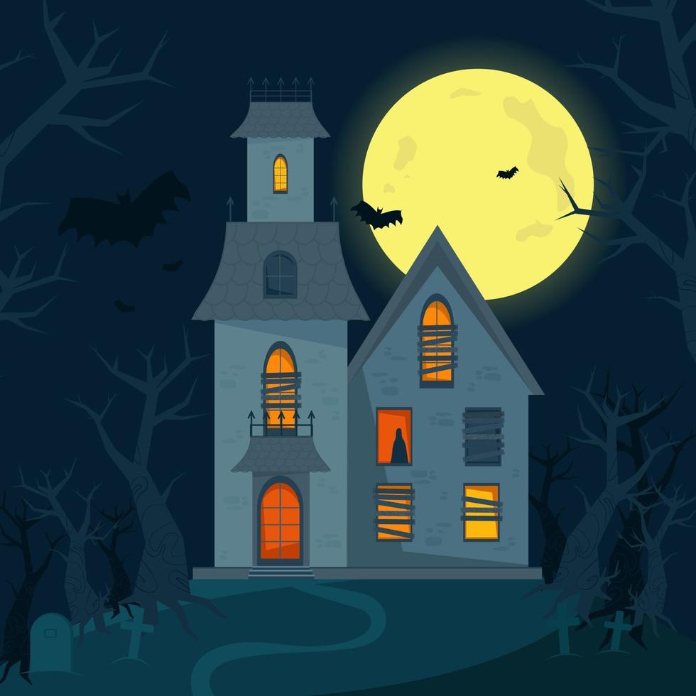 eng spookhuis, halloween horrorhuis. illustratie vector