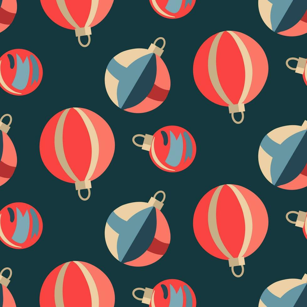 Kerstmis naadloos patroon met ronde gestreept Kerstmis boom speelgoed Aan een blauw achtergrond. veelkleurig ronde vormen in blauw en rood kleuren. vector herhalen vlak illustratie. geschenk verpakking